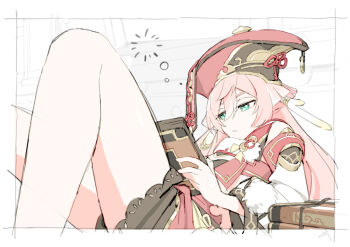 Rule 34 | 1girl, antlers, aqua eyes, bare legs, book, border, closed mouth, detached sleeves, genshin impact, hair between eyes, hat, highres, holding, holding book, horns, long hair, pink hair, reading, reclining, red hat, solo, squeans, wi st i, yanfei (genshin impact)
