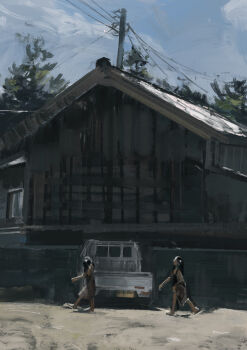 2girls absurdres bare_arms bare_legs barefoot black_hair blue_sky brown_dress cabin cloud commentary_request dark-skinned_female dark_skin day dress faux_traditional_media highres katakai kei_truck long_dress long_hair motor_vehicle multiple_girls oil_painting_(medium) original outdoors painting_(medium) pickup_truck power_lines scenery sky sleeveless sleeveless_dress traditional_media tree truck wide_shot