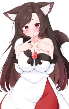 1girl animal_ear_fluff animal_ears blush breasts brooch brown_hair cleavage closed_mouth commentary_request cowboy_shot dress ears_down embarrassed frown imaizumi_kagerou index_fingers_together jewelry large_breasts long_hair long_sleeves looking_at_viewer raised_inner_eyebrows red_eyes red_skirt rururiaru simple_background single_off_shoulder skirt solo tail touhou very_long_hair white_background white_dress wolf_ears wolf_girl wolf_tail