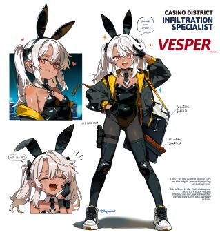 1girl absurdres animal_ears ballistic_shield bare_shoulders black_jacket black_leotard black_necktie breasts cleavage covered_navel dark-skinned_female dark_elf dark_skin earpiece elf fake_animal_ears fangs gloves gun half_gloves handgun hepari highres holster holstered jacket jacket_partially_removed knee_pads leotard loli long_hair long_sleeves looking_at_viewer necktie open_clothes open_jacket original pantyhose pink_eyes playboy_bunny pointy_ears rabbit_ears shield shotgun smile strapless strapless_leotard thigh_holster twintails twitter_username weapon white_hair wrist_cuffs