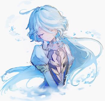 1girl blue_hair closed_eyes closed_mouth cropped_torso dress focalors_(genshin_impact) genshin_impact hair_between_eyes hair_intakes hashtag-only_commentary highres long_hair ri_pi_o short_sleeves smile solo twitter_username upper_body white_background