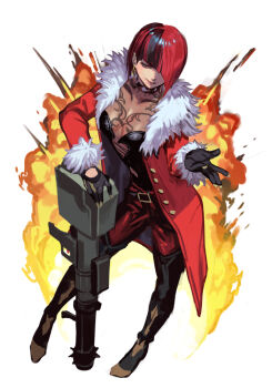 1girl anna_williams black_boots black_gloves black_hair blue_eyes bob_cut boots clothing_cutout coat cross-laced_clothes cross-laced_top cupping_hand diagonal_bangs dress earrings explosion full_body fur-trimmed_coat fur-trimmed_sleeves fur_trim glove_cutout gloves hair_over_one_eye holding holding_rocket_launcher holding_weapon hungry_clicker jewelry looking_down multicolored_hair open_clothes open_coat pants red_coat red_hair red_pants rocket_launcher see-through_cleavage see-through_clothes short_hair simple_background solo standing streaked_hair tekken tekken_8 two-tone_hair weapon white_background