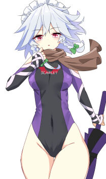 1girl alternate_costume blush bow braid breasts brown_scarf clothes_writing commentary covered_navel e.o. green_bow grey_hair groin hair_bow highres holding izayoi_sakuya leotard long_hair looking_at_viewer maid_headdress multicolored_leotard open_mouth purple_leotard red_eyes scarf simple_background solo touhou twin_braids two-tone_leotard white_background