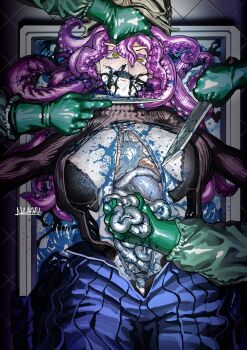 1girl absurdres arnanra artist_name black_bra blood blood_splatter bloody_knife blue_blood blue_pants bra breasts brown_sweater cephalopod_eyes colored_eyelashes commentary decapitation dissection english_commentary entrails from_above gloves grabbing_another&#039;s_hair green_gloves guro highres holding holding_another&#039;s_hair holding_knife holding_organ horizontal_pupils intestines knife large_breasts long_hair long_sleeves lungs monster_girl multiple_others open_mouth organs original pants pool_of_blood purple_hair rubber_gloves scylla sharp_teeth shell signature sweater teeth tentacle_hair torn_bra torn_clothes torn_pants torn_sweater underwear yellow_eyes