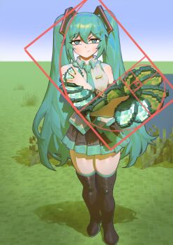 Rule 34 | 1girl, :/, absurdres, aqua eyes, aqua hair, aqua necktie, black boots, blue sky, boots, clear sky, commentary, diamond (minecraft), fibonacci sequence, grass, grey shirt, hatsune miku, highres, holding, horizon, minecraft, necktie, outdoors, pacpoi, pleated skirt, raised eyebrow, shirt, skirt, sky, sleeveless, sleeveless shirt, solo, standing, symbol-only commentary, thigh boots, vocaloid, water, wing collar