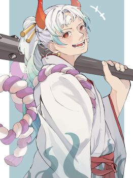 1girl bandaid bandaid_on_face blue_background club club_(weapon) earrings hair_ornament highres holding holding_weapon horns japanese_clothes jewelry kanabou kimono one_piece open_mouth orange_eyes ponytail rope shimenawa sidelocks simple_background smile solo u_mi031 upper_body weapon white_hair white_kimono wide_sleeves yamato_(one_piece)