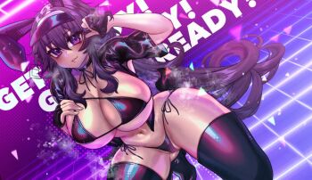 Rule 34 | 1girl, ahoge, animal ears, arm up, bikini, black bikini, black choker, black thighhighs, blush, breasts, choker, cleavage, commentary, crawling dreams, curvy, dutch angle, english commentary, fake animal ears, hair between eyes, hand on own chest, huge breasts, long hair, looking at viewer, micro bikini, nyarla (osiimi), osiimi, paid reward available, parted lips, partially visible vulva, purple background, purple eyes, purple hair, rabbit ears, race queen, side-tie bikini bottom, smile, solo, swimsuit, thick thighs, thighhighs, thighs, very long hair