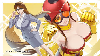 1girl bare_shoulders belt blue_eyes breasts brown_hair cosplay elbow_gloves electro_wave_human_tackle electro_wave_human_tackle_(cosplay) gloves helmet jacket kamen_rider kamen_rider_stronger_(series) large_breasts long_hair looking_at_viewer mask miyano_akihiro official_art okada_yuriko red_helmet scarf shirt skirt toujima_tanzaburou_wa_kamen_rider_ni_naritai yellow_belt yellow_gloves yellow_scarf