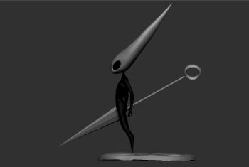1girl 3d arms_behind_back arthropod_girl black_eyes black_sclera black_skin colored_sclera colored_skin completely_nude from_side grey_background holding holding_needle holding_weapon hollow_knight hollow_knight:_silksong hornet_(hollow_knight) horns needle nude simple_background soyzec standing weapon