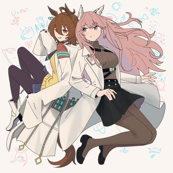 2girls absurdres agnes_tachyon_(tach-nology)_(umamusume) agnes_tachyon_(umamusume) ahoge animal_ears black_shoes black_skirt boots breasts brown_hair brown_pantyhose brown_sweater cat_ears chemical_structure commentary crossover english_commentary full_body girls&#039;_frontline girls&#039;_frontline_neural_cloud hair_between_eyes high_heel_boots high_heels highres horse_ears horse_girl horse_tail id_card lab_coat large_breasts long_hair long_sleeves looking_at_viewer looking_to_the_side medium_hair multiple_girls myticalcat pantyhose persicaria_(neural_cloud) pink_eyes pink_hair red_eyes shirt shoes skirt sleeves_past_fingers sleeves_past_wrists smile sweater tail test_tube umamusume white_boots yellow_sweater