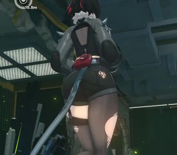 1girl 2boys 3d animal_ears animated ass ass_focus ass_shake asymmetrical_legwear back_cutout black_bra black_garter_straps black_hair black_pantyhose black_thighhighs boots bouncing_ass bra clothing_cutout crop_top cropped_jacket denim denim_shorts fingerless_gloves fingernails from_below fur-trimmed_sleeves fur_collar fur_trim gameplay_mechanics garter_straps gloves gradient_hair hair_between_eyes hair_intakes indoors jane_doe_(zenless_zone_zero) jiggle legs_up long_hair low_ponytail lying midriff mouse_girl mouse_tail multicolored_hair multiple_boys necktie official_art on_back pantyhose pantyhose_under_shorts parted_lips ponytail red_nails road sharp_fingernails shorts single_garter_strap single_leg_pantyhose single_thighhigh skindentation smile solo street tagme tail thighhighs torn_clothes torn_pantyhose torn_thighhighs underwear video walking zenless_zone_zero