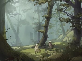 2others art_trade brick_wall cloak forest full_body hand_up highres light_rays multiple_others nature original outdoors running scenery short_hair stone_walkway toebeez tree white_hair wide_shot