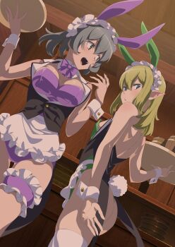 2girls absurdres animal_costume apron ass bare_shoulders bareback blush bow bowtie breasts playboy_bunny cleavage dungeon_ni_deai_wo_motomeru_no_wa_machigatteiru_darou_ka ear_blush elf embarrassed female_focus flat_chest green_eyes green_leotard grey_hair headdress highres kimoto_shigeki kneehighs large_breasts leg_scrunchie legs leotard long_ears long_hair looking_back magazine_scan medium_hair multiple_girls official_art open_mouth playboy_bunny pointy_ears ponytail purple_bow purple_leotard rabbit_costume rabbit_ears rabbit_tail ryu_lion scan scrunchie short_hair shoulder_blush sideboob sleeveless small_breasts smile socks syr_flover teeth thighhighs thighs tray upper_teeth_only waitress white_apron white_socks white_thighhighs white_wrist_cuffs wooden_tray wrist_cuffs
