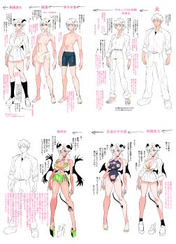 1boy 1girl absurdres ass_expansion before_and_after bimbofication breast_expansion breasts change_in_common_sense choker cleavage commentary_request corruption demon_girl demon_horns demon_tail demon_wings expressionless genderswap genderswap_(mtf) green_eyes growing_hair happy high_heels highres horns large_breasts long_hair mado_(mukade_tou) medium_breasts medium_hair mini_wings miniskirt original pants pointy_ears reference_sheet sandals sequential shirt short_hair sketch skirt small_breasts small_horns standing tail tan tattoo transformation translation_request wings