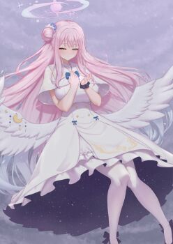 1girl blue_archive blue_bow blush bow breasts capelet closed_mouth cream_cod dress feathered_wings flower hair_bun hair_flower hair_ornament hair_scrunchie halo large_breasts long_hair mika_(blue_archive) pantyhose pink_hair purple_flower purple_halo purple_scrunchie purple_shoes scrunchie shoes sidelocks single_side_bun solo white_capelet white_dress white_pantyhose white_scrunchie white_wings wings wrist_scrunchie yellow_eyes