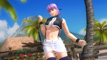 1girl 3d ayane_(doa) beach breasts dead_or_alive dead_or_alive_5 female_focus large_breasts midriff official_art palm_tree panties purple_hair solo tecmo tree underboob underwear
