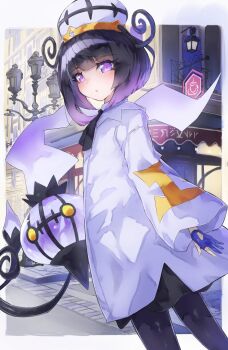 1girl black_hair black_pantyhose bob_cut chandelure coat gen_5_pokemon gloves gradient_hair gwynn_(pokemon) hat highres long_sleeves looking_at_viewer multicolored_hair nintendo pantyhose parted_lips partially_fingerless_gloves pokemon pokemon_(creature) pokemon_legends:_z-a purple_eyes purple_gloves purple_hair short_hair umichabo white_coat wide_sleeves