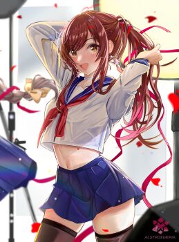 1girl absurdres arms_up blue_sailor_collar blue_skirt blush breasts brown_eyes brown_hair commentary_request hair_ornament highres idolmaster idolmaster_shiny_colors long_hair looking_at_viewer midriff navel neckerchief open_mouth osaki_amana pleated_skirt red_neckerchief sailor_collar school_uniform serafuku shirt skirt smile thighhighs white_shirt yamanade38 zettai_ryouiki