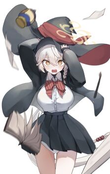 absurdres black_jacket black_skirt blue_archive commentary_request eri_(blue_archive) hair_between_eyes halo hat highres jacket long_hair looking_at_viewer odod1228 panties red_ribbon ribbon shirt simple_background skirt thighs underwear white_background white_panties white_shirt witch_hat yellow_eyes yellow_halo