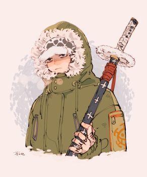 1boy akuta_ji alternate_costume arm_up closed_mouth commentary_request cropped_torso drawstring finger_tattoo frown fur-trimmed_hood fur_trim green_jacket grey_background hat heart_pirates_jolly_roger highres holding holding_sword holding_weapon hood hooded_jacket jacket looking_at_viewer male_focus one_piece sanpaku sleeves_past_wrists solo sword tattoo trafalgar_law weapon white_fur