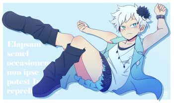 Rule 34 | 1girl, absurdres, aqua eyes, arm up, black boots, black flower, black skirt, blue jacket, boots, border, breasts, bright pupils, brooch, cleavage, closed mouth, collarbone, commentary, dragnoodles, drop shadow, english commentary, flower, full body, hair flower, hair ornament, highres, jacket, jewelry, kyokugen dasshutsu, kyokugen dasshutsu adv: zennin shibou desu, latin text, necklace, open clothes, open jacket, phi (kyokugen dasshutsu), shirt, short hair, skirt, sleeveless, sleeveless jacket, sleeveless shirt, solo, source quote, very short hair, white border, white hair, white pupils, white shirt