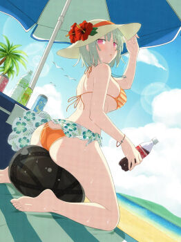 ass ball barefoot beach beach_mat bikini bird blue_sky blush bottle breasts can cloud cooler drink drink_can feet flower_in_hat flower_skirt green_hair hat hat_grab holding island jewelry looking_at_viewer looking_back naraku_(senran_kagura) necklace ocean official_art open_mouth orange_bikini palm_tree pink_eyes seagull seagulls senran_kagura senran_kagura_new_wave sitting sky soda soda_bottle soda_can soles striped_bikini_top sun_hat sunlight sweat swimsuit toes tree umbrella water water_bottle wristband yaegashi_nan