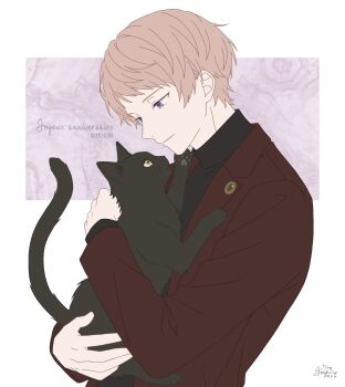 1boy animal animal_hug black_cat blazer cat closed_mouth commentary commentary_request dated english_commentary ensemble_stars! highres itsuki_shu jacket lapels layered_clothes long_sleeves male_focus mixed-language_commentary nisesakana pink_hair purple_eyes short_bangs short_hair signature smile solo turtleneck upper_body white_background