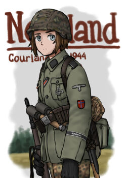 1girl ammunition_pouch belt belt_buckle black_gloves blue_eyes bolt_action brown_hair buckle buttoned_up_jacket camouflage camouflage_pants combat_helmet cross english_text explosive german_text gloves grass grenade gun helmet highres holding holding_weapon iron_cross jacket kar98k looking_at_viewer mardjan mauser_98 mess_tin military military_uniform norwegian_flag original pants pocket pouch reichsadler rifle short_hair stahlhelm stielhandgranate swastika tree waffen-ss weapon world_war_ii