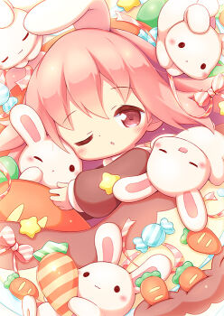 1girl aikei_ake animal animal_ears blush brown_dress brown_eyes carrot chibi commentary_request dress long_hair long_sleeves one_eye_closed original parted_lips pink_hair puffy_long_sleeves puffy_sleeves rabbit rabbit_ears sleeves_past_wrists solo star_(symbol) under_covers