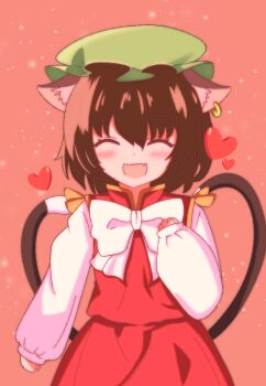1girl ^_^ animal_earrings animal_ears blush bow bowtie brown_hair cat_ears cat_girl cat_tail chen chendesu closed_eyes commentary_request dress facing_viewer fang frilled_hat frills green_hat hat heart highres long_sleeves mob_cap multiple_tails red_dress shirt short_hair skin_fang smile solo tail touhou two_tails white_bow white_bowtie white_shirt