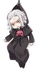 Rule 34 | 1boy, anger vein, annoyed, black capelet, black robe, capelet, chain, chibi, chibi only, clenched hands, clenched teeth, commentary, drawstring, emet-selch, final fantasy, final fantasy xiv, frown, full body, grey hair, hanging, hood, hood grab, hooded capelet, looking at viewer, male focus, mask, mask around neck, robe, short hair, signature, simple background, solo, sophist&#039;s robe (ff14), symbol-only commentary, teeth, twitter username, unworn mask, v-shaped eyebrows, white background, wild5lee, yellow eyes