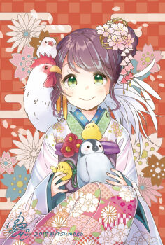 1girl 2017 artist_name artistic_error baby_animal bird brown_hair checkered_background chick chicken chinese_zodiac dated egasumi female_focus floral_print flower furisode green_eyes hair_bun hair_flower hair_ornament happy_new_year japanese_clothes java_sparrow kanzashi kimono knees_up looking_at_viewer new_year original penguin pink_flower rougetsu seigaiha shippou_(pattern) signature single_hair_bun smile solo squatting swept_bangs upper_body white_java_sparrow yagasuri year_of_the_rooster