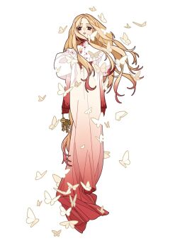 black_eyes blonde_hair blood bug butterfly closed_mouth dress full_body gradient_clothes gradient_dress gradient_hair highres insect key lips long_dress long_hair long_sleeves looking_at_viewer multicolored_hair original soniastegemann toenails white_background white_butterfly white_dress