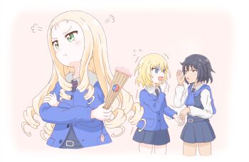 Rule 34 | 3girls, andou (girls und panzer), angry, artist request, bc freedom (emblem), bc freedom school uniform, belt, belt buckle, black belt, black hair, black necktie, black skirt, black vest, blonde hair, blue cardigan, blue eyes, blush, brown eyes, buckle, cardigan, cardigan on shoulders, collared shirt, curly hair, dark-skinned female, dark skin, diagonal-striped clothes, diagonal-striped necktie, dress shirt, emblem, girls und panzer, girls und panzer saishuushou, green eyes, hand fan, hand on own face, holding, holding fan, jacket, long hair, long sleeves, marie (girls und panzer), miniskirt, multiple girls, necktie, open mouth, oshida (girls und panzer), panicking, pleated skirt, pout, school uniform, shirt, short hair, skirt, steam, striped clothes, tied jacket, trembling, vest, whispering, white shirt