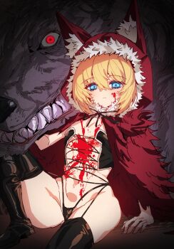 1girl absurdres animal_ear_fluff animal_ear_hood animal_ears animal_hood black_boots black_panties black_ribbon black_souls blonde_hair blood blood_on_cheek blood_on_chest blood_on_face blood_on_stomach blue_eyes boots breasts cape closed_mouth commentary english_commentary fake_animal_ears fur-trimmed_hood fur_trim hair_between_eyes highleg highleg_panties highres hood hood_up hooded_cape knee_up long_bangs looking_at_viewer panties petite poro_(black_souls) rayno red_cape red_eyes red_hood red_hood_(black_souls) revealing_clothes ribbon sharp_teeth short_hair sitting small_breasts solo_focus teeth thigh_boots underwear wolf wolf_ears wolf_hood