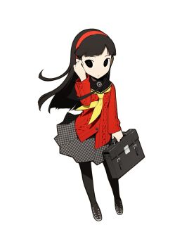 Rule 34 | 1girl, adjusting hair, amagi yukiko, aran sweater, bag, black eyes, black hair, black pantyhose, black sailor collar, black shoes, cable knit, cardigan, commentary, english commentary, full body, hairband, highres, holding, holding bag, legs, long hair, long sleeves, neckerchief, official art, oribe hanako, pantyhose, persona, persona 4, persona q: shadow of the labyrinth, persona q (series), print skirt, red hairband, red sweater, sailor collar, school uniform, second-party source, shoes, simple background, skirt, solo, sweater, white background, yasogami school uniform, yellow neckerchief