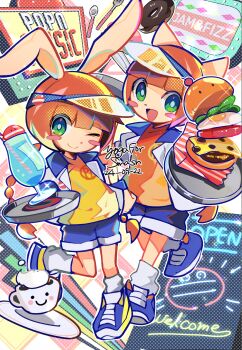 2girls :d ;) animal_ears artist_name bemani blue_shoes blue_shorts blush_stickers braid brown_hair burger cat_ears cat_girl closed_mouth commentary copyright_name cup cup-kun dated donut drink drinking_glass drinking_straw food furry furry_female green_eyes highres holding holding_plate jacket kokokashira_(koko_ni_iru) long_hair looking_at_viewer mimi_(pop'n_music) multiple_girls nyami_(pop'n_music) one_eye_closed open_clothes open_jacket open_mouth orange_shirt plate pop'n_music pop'n_music_jam&amp;fizz pop-kun rabbit_ears rabbit_girl shirt shoes shorts sign signature smile socks twin_braids visor_cap white_jacket white_socks yellow_shirt