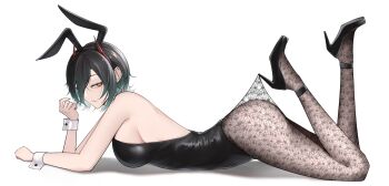 1girl alternate_costume animal_ear_hairband animal_ears arched_back arm_up ass azur_lane bare_back bare_shoulders black_hair black_leotard black_pantyhose black_shoes blush breasts commentary english_commentary fake_animal_ears feet feet_up floral_print_pantyhose from_side frown full_body hair_between_eyes hairband high_heels highleg highleg_leotard highres hooked_on_heel horns lace_pantyhose lace_pantyhose_hooked_on_heel_(meme) legs_up leotard looking_at_viewer lying mechanical_horns medium_breasts meme multicolored_hair on_stomach pantyhose pantyhose_tug parted_lips piercing playboy_bunny rabbit_ear_hairband rabbit_ears red_horns see-through_pantyhose shadow shoes short_hair simple_background slit_pupils solo strapless strapless_leotard the_pose two-tone_hair ulrich_von_hutten_(azur_lane) white_background white_hair white_wrist_cuffs wrist_cuffs xuwasoo yellow_eyes