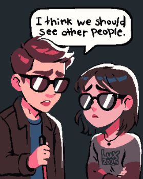 Rule 34 | 1boy, 1girl, 2025, artist name, black hair, blind, brown hair, brown jacket, cane, commentary, crossed arms, english commentary, english text, frown, grey shirt, holding, holding cane, jacket, jewelry, necklace, open mouth, original, pixel art, raised inner eyebrows, shirt, sunglasses, teeth, thick eyebrows, thisislux, upper teeth only, white cane