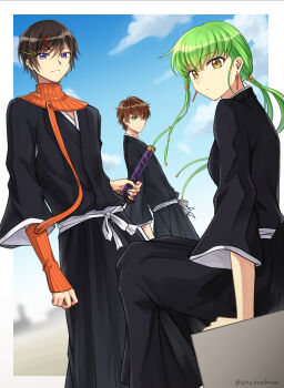 1girl 2boys absurdres alternate_hairstyle ayasegawa_yumichika ayasegawa_yumichika_(cosplay) black_hakama black_kimono bleach border brown_eyes brown_hair c.c. closed_mouth code_geass cosplay cosplay_request dutch_angle earrings floating_hair green_eyes green_hair hakama highres holding holding_sword holding_weapon japanese_clothes jewelry kimono kotetsu_isane kotetsu_isane_(cosplay) kururugi_suzaku lelouch_vi_britannia long_hair looking_at_viewer multiple_boys parted_lips ponytail purple_eyes setu_kurokawa sheath sheathed short_hair sitting smile standing sword twitter_username voice_actor_connection weapon white_border