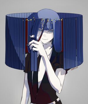 1other black_necktie blue_hair colored_eyelashes colored_skin crystal_hair glowing glowing_hair highres houseki_no_kuni lapis_lazuli_(houseki_no_kuni) mt5_014 necktie other_focus phosphophyllite_(gemstone) shards white_skin