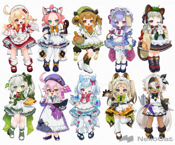 6+girls :d :q ;o ahoge alternate_costume alternate_hairstyle animal_ears apron basket bell black_headband black_shoes blonde_hair blue_dress blue_eyes blue_shoes blush book bottle bow bowtie braid brown_hair cat_ears cat_girl cat_tail closed_mouth commentary_request cup dark-skinned_female dark_skin diona_(genshin_impact) dori_(genshin_impact) dress duster enmaided flower food frilled_hairband frills genshin_impact glasses gloves gotoh_(nekocat) green_bow green_bowtie green_dress green_eyes green_hair green_hat green_shoes hair_bell hair_bow hair_ornament hairband hand_on_own_hip hat headband highres holding holding_basket holding_book holding_cup holding_duster holding_flower holding_pastry_bag holding_pointer holding_teapot holding_tray iansan_(genshin_impact) jingle_bell kachina_(genshin_impact) klee_(genshin_impact) leaf_hair_ornament leg_up long_hair maid maid_headdress melusine_(genshin_impact) multicolored_hair multiple_girls nahida_(genshin_impact) nori_(seaweed) omelet omurice one_eye_closed onigiri open_mouth orange_bow orange_dress orange_eyes pastry_bag pink_hair pointer pointy_ears purple_bow purple_dress purple_eyes purple_hair qingxin_flower qiqi_(genshin_impact) red-tinted_eyewear red_bow red_dress red_eyes red_shoes sayu_(genshin_impact) shoes side_ponytail sigewinne_(genshin_impact) smile streaked_hair tail teapot thighhighs tinted_eyewear tongue tongue_out tray twintails twitter_username very_long_hair watermark white_apron white_background white_bow white_flower white_gloves white_hair white_hairband white_shoes white_thighhighs wine_bottle yaoyao_(genshin_impact) yellow_eyes