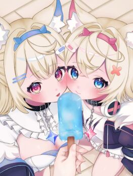 1other 2girls :p animal_collar animal_ear_fluff animal_ears blonde_hair blue_eyes blue_hairband blunt_bangs blush breasts center_frills cheek_press cleavage cleavage_cutout closed_mouth clothing_cutout collar commentary crossed_bangs dog_ears dog_girl eyelashes food frilled_shirt frills from_above fuwawa_abyssgard hair_between_eyes hair_intakes hair_ornament hairband hairclip headphones headphones_around_neck heart heart-shaped_pupils holding holding_food holding_popsicle hololive hololive_english kneeling looking_at_viewer medium_breasts medium_hair mococo_abyssgard multiple_girls ningoro_r parallel_hairclips pink_hairband popsicle pov pov_hands red_eyes sexually_suggestive shirt siblings sisters smile sparkling_eyes symbol-shaped_pupils tareme tongue tongue_out upturned_eyes virtual_youtuber white_shirt x_hair_ornament