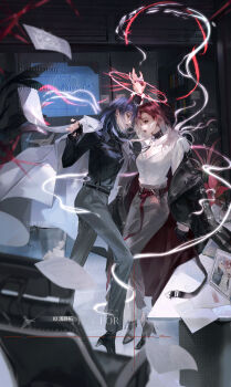 2girls absurdres belt black_belt black_coat black_footwear black_gloves black_hair black_shirt chief_(path_to_nowhere) chinese_commentary coat coat_on_shoulders commentary commission female_chief_(path_to_nowhere) gloves gradient_hair grey_pants highres holding holding_gloves holding_hands holding_unworn_clothes long_hair long_sleeves looking_at_another multicolored_hair multiple_girls pants paper parted_lips path_to_nowhere purple_eyes purple_hair red_belt shalom_(path_to_nowhere) shirt single_glove sxx7_sxx7 two-tone_hair unworn_gloves watermark white_coat white_hair white_shirt