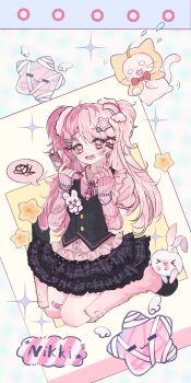 Rule 34 | > <, 1girl, :3, = =, absurdres, animal, bandaid, bandaid on knee, bandaid on leg, bead bracelet, bead necklace, beads, black shoes, black skirt, black vest, blue background, blushbunny (infinity nikki), bow, bowtie, bracelet, brooch, buttons, cat, cellphone, character name, cloak, closed mouth, clothed animal, collared shirt, dot nose, ear covers, eyelashes, fang, flip phone, flying sweatdrops, frilled shirt, frilled skirt, frills, full body, fur leg warmers, gyaru, hair ornament, hair scrunchie, hairclip, heart, heart necklace, highres, holding, holding phone, hood, hood up, hooded cloak, huaerdileichenghua, infinity nikki, jewelry, kneeling, leg warmers, light blush, long hair, miniskirt, momo (nikki), multicolored hair, multiple bracelets, necklace, necktie, nervous smile, nikki (nikki), nikki (series), o o, open mouth, paper, parallel hairclips, phone, pink arm warmers, pink eyes, pink hair, pink leg warmers, pink necktie, pink scrunchie, pink shirt, plaid clothes, plaid necktie, plaid skirt, pleated skirt, polka dot, polka dot background, puffy short sleeves, puffy sleeves, rabbit, rabbit brooch, rainbow hair ornament, red bow, red bowtie, ribbon, ribbon earrings, rosie sweetheart (infinity nikki), scrunchie, shirt, shoes, short sleeves, skirt, smile, sparkle, speech bubble, split-color hair, spoken squiggle, squiggle, star (symbol), star hair ornament, surprised, tie clip, traditional bowtie, two-tone background, two side up, very long hair, vest, whimstar (infinity nikki), white background, white cat, x hair ornament, y2k fashion, yarm helmet, yellow cloak, yellow ribbon