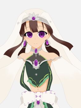 1girl arabian_clothes brown_hair closed_mouth detached_sleeves dunyazad_(grimms_notes) flat_color grimms_notes looking_at_viewer midriff navel pure_color_pc purple_eyes smile solo