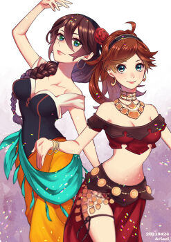 2girls absurdres agnea_bristarni agnea_bristarni_(cosplay) ariazi black_hairband blue_eyes bracelet braid braided_ponytail breasts brown_hair cleavage closed_mouth collarbone commentary_request cosplay costume_switch dancer dated dated_commentary earrings flower hair_between_eyes hairband highres hoop_earrings jewelry large_breasts long_hair looking_at_viewer multiple_bracelets multiple_girls octopath_traveler octopath_traveler_i octopath_traveler_ii primrose_azelhart primrose_azelhart_(cosplay) red_flower red_rose rose smile standing