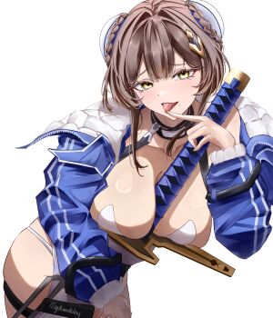 1girl absurdres arm_up bare_shoulders black_choker blue_dress blue_jacket blush braid braided_bun breasts brown_hair bun_cover chaos_zero_nightmare choker cleavage cropped_jacket curvy double_bun dress eyeliner gradient_clothes gradient_dress hair_bun hair_ornament highres huge_weapon jacket large_breasts looking_at_viewer makeup mole mole_on_breast mole_under_mouth off_shoulder open_clothes open_jacket open_mouth panty_straps pelvic_curtain piercing red_eyeliner short_hair_with_long_locks skindentation smile solo strapless strapless_dress sword sword_between_breasts thigh_strap thighs tongue tongue_out tongue_piercing weapon yellow_eyes yuki_(chaos_zero_nightmare) yukimatalng