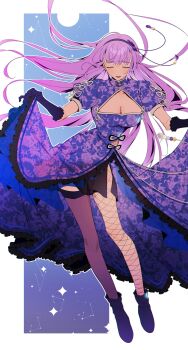 Rule 34 | 1girl, absurdres, alternate hairstyle, asymmetrical legwear, breasts, china dress, chinese clothes, cleavage, dress, glasses, heaven burns red, highres, higuchi seika, kjhg1108, official alternate hairstyle, pelvic curtain, print dress, purple hair, side slit, solo