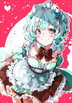 1girl apron aqua_dress aqua_hair aqua_sleeves arms_behind_back black_bow blue_eyes blush_stickers bow breasts brown_skirt center_frills closed_mouth commentary cowboy_shot detached_collar detached_sleeves dress english_commentary fang frilled_apron frilled_dress frills garter_straps hair_ornament hairclip heart heart-shaped_pupils highres indie_virtual_youtuber large_bow leaning_forward looking_at_viewer maid maid_headdress medium_breasts medium_hair miniskirt mint_fantome mint_fantome_(minto_2.0) red_background single_garter_strap skin_fang skirt skirt_under_dress sleeveless sleeveless_dress smile solo striped_clothes striped_dress symbol-shaped_pupils triangular_headpiece two_side_up vertical-striped_clothes vertical-striped_dress virtual_youtuber waist_apron wavy_hair white_apron x_hair_ornament yamishinofficial